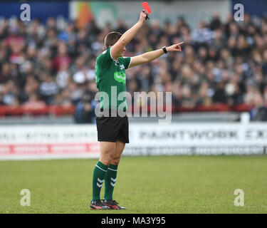 Hull, UK. 30th March 2018 , Kcom Craven Park, Hull, England; Betfred Super League rugby, Round 8 Hull KR v Hull FC;  Referee Chris Kendal gives a red card to Hull FC's Bureta Faraimo Credit: News Images/Alamy Live News Stock Photo