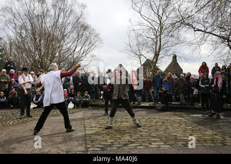 Heptonstall, UK. 30th March, 2018. The Heptonstall Players entertain with the annual traditional Pace Egg Play taking place throughout Good Friday in the historical village of Heptonstall, 30th March, 2018 (C)Barbara Cook/Alamy Live News Stock Photo