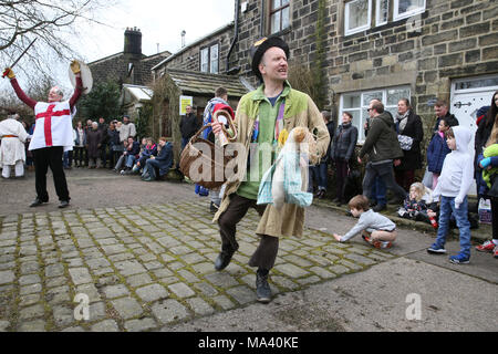 Heptonstall, UK. 30th March, 2018. The Heptonstall Players entertain with the annual traditional Pace Egg Play taking place throughout Good Friday in the historical village of Heptonstall, 30th March, 2018 (C)Barbara Cook/Alamy Live News Stock Photo