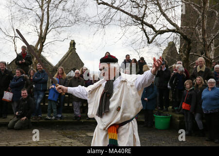 Heptonstall, UK. 30th March, 2018. The Heptonstall Players entertain with the annual traditional Pace Egg Play taking place throughout Good Friday in the historical village of Heptonstall, 30th March, 2018 (C)Barbara Cook/Alamy Live News Stock Photo