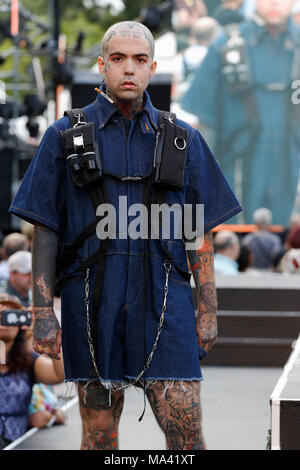 Montreal,Canada.  A male model poses on the runway at the  Nancy VTMT  fashion show, featuring Quebec City designers held during the Fashion and Desig Stock Photo