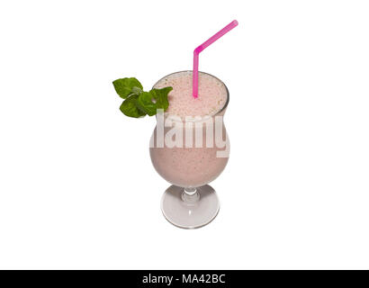 milk strawberry cocktail with mint on isolated white background Stock Photo