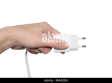 plug the charge in hand on a white isolated background Stock Photo