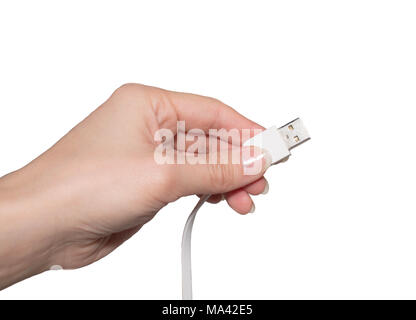 USB cable in hand isolated on white background Stock Photo