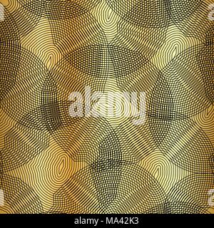 Vector monochrome seamless pattern, curved lines, black & gold background. Abstract dynamical rippled surface, visual halftone 3D effect, illusion of movement, curvature. Design for tileable print Stock Vector