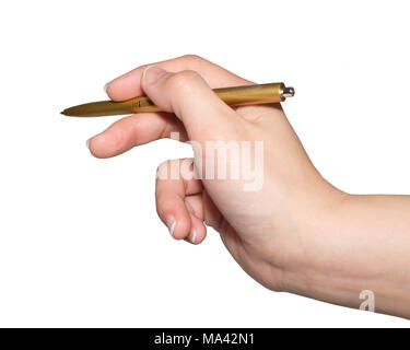 pen in female hand on white isolated background Stock Photo