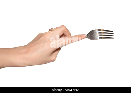 fork in female hand on white isolated background Stock Photo