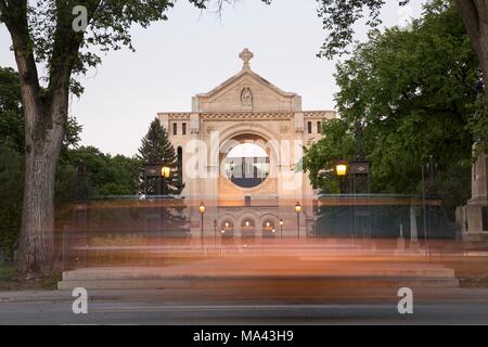 The district of Saint-Boniface and the main façade of the St. Boniface Cathedral in Winnipeg in the province of Manitoba, Canada Stock Photo