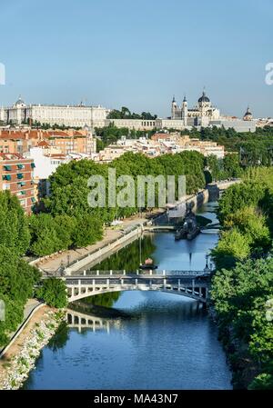 The view from the Teleférico de Madrid cable car of the Manzanares River in Madrid, Spain Stock Photo