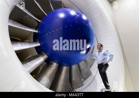 The engineer Andreas Bergmann by a propeller in the wind tunnel at the German Aeronautics and Space Research Centre in Braunschweig (Brunswick), Germa Stock Photo