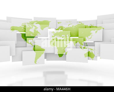 Green world map on blank 3d squares with reflection Stock Photo