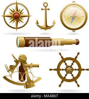 Vector marine navigation icon set isolated on white background. Windrose, anchor, compass and other objects Stock Vector