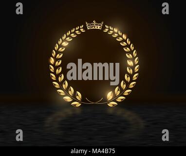 Detailed round golden laurel wreath crown award on dark background with reflection. Gold ring frame logo. Victory, honor achievement, quality product Stock Vector