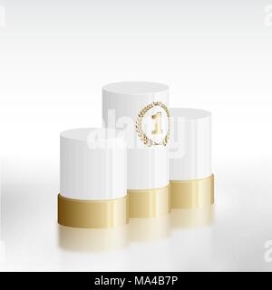 White winners podium golden laurel wreath and number one 1. Isolated with reflection Stock Vector