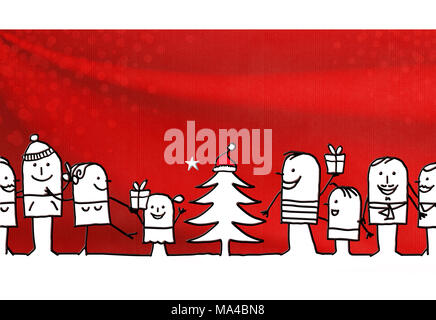 Cartoon group of people and Christmas Stock Photo