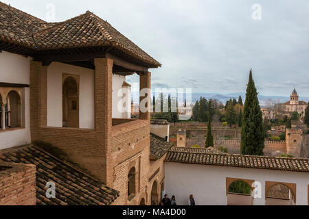 View from the Pabellón Sur (South Pavilion), Palacio del Generalife, across to the Alhambra, Granada, Andalusia, Spain Stock Photo