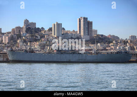 SS Jeremiah O'Brien, one of two remaining fully functional Liberty ships, moored in San Francisco Harbour Stock Photo
