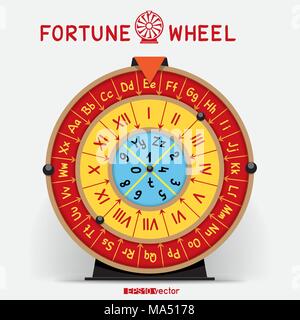 Wheel of Fortune template with letters roman numerals and shadow on white back. Horoscope fate concept gaming object Stock Vector