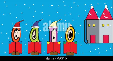 Christmas carolers illustrated around the word carol with snowy background. Stock Vector