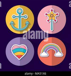 icon set of rainbow and cute concept over colorful circles and blue background, vector illustration Stock Vector