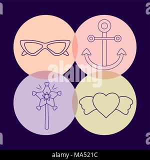 icon set of glasses and cute concept over colorful circles and blue background, vector illustration Stock Vector