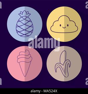 icon set of kawaii cloud and cute concept over colorful circles and blue background, vector illustration Stock Vector