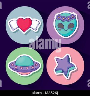 icon set of alien face and cute concept over colorful circles and blue background, vector illustration Stock Vector