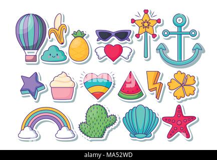 icon set of cute related icons over white background, colorful design. vector illustration Stock Vector