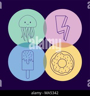 icon set of donut and cute related icons over colorful circles and blue background, vector illustration Stock Vector