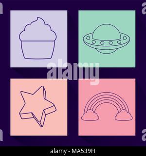 icon set of rainbow and cute related icons over colorful squares and blue background, vector illustration Stock Vector