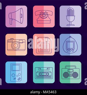 Icon set of Retro devices concept over colorful squares and blue background, vector illustration Stock Vector