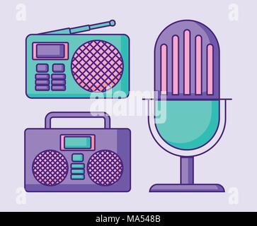 Retro microphone with boombox stereo and radio over purple background, colorful design. vector illustration Stock Vector