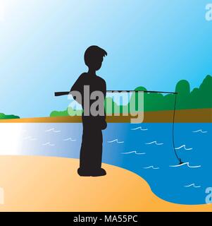 A young man is fishing alone on a river bank Stock Vector