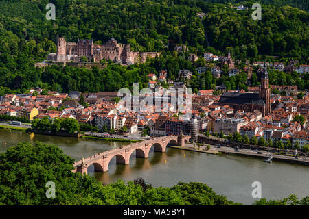 Germany, Baden-Württemberg, Odenwald, Heidelberg, Old Town, Castle, Heiliggeistkirche (church) and Old Bridge, view from Philosophenweg Stock Photo