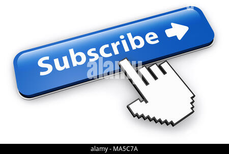 Website newsletter and services subscription concept with hand cursor clicking on a blue subscribe button 3D illustration on white background. Stock Photo