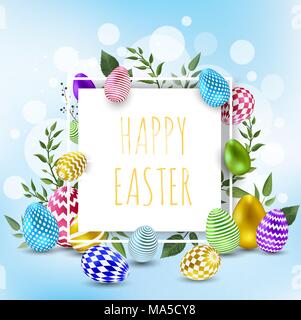 Easter banner background template with beautiful colorful spring flowers and eggs. Vector illustration. Stock Vector