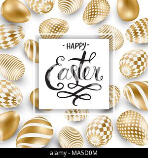 Happy Easter lettering background with realistic golden shine decorated eggs, confetti, golden brush splash. Vector illustration greeting card, promot Stock Vector