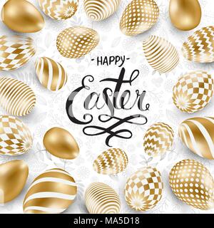 Happy Easter lettering background with realistic golden shine decorated eggs, confetti, golden brush splash. Vector illustration greeting card, ad, pr Stock Vector