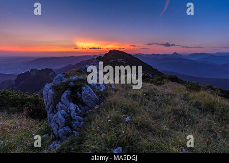 Germany, Bavaria, Bavarian foothills, Lenggries, sunrise behind the Brauneck Stock Photo