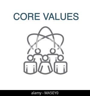 Core Values Outline Icon w person and collaborating / thinking ideas Stock Vector
