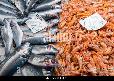 Fish on sale at fish market near Rialto, Venice, Veneto Italy Stock Photo