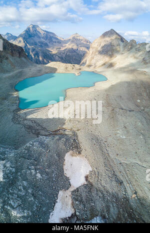 Panoramic of Lej Lagrev seen from drone, Silvaplana, canton of Graubünden, Engadine, Switzerland Stock Photo