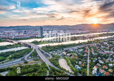 Vienna, Austria, Europe. Sunset over Vienna.  View from the Danube Tower Stock Photo