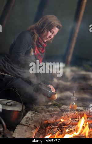 Traditional Sami Meal Preapered in a Lavvu. Stock Photo