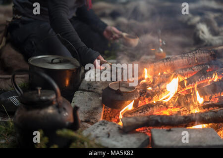 Traditional Sami Meal Preapered in a Lavvu. Stock Photo