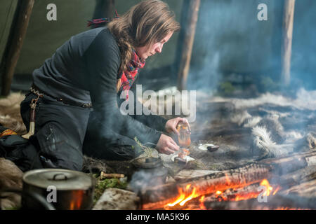 Traditional Sami Meal Preapered in a Lavvu. Stock Photo