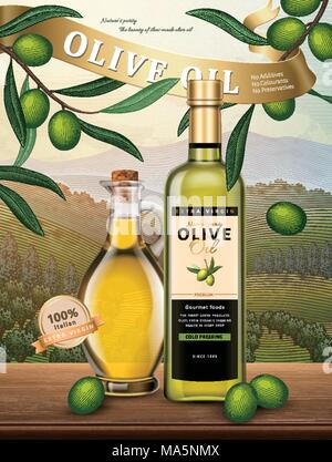 Olive oil ads, exquisite olive oil product in 3d illustration and natural orchard in engraving style Stock Vector