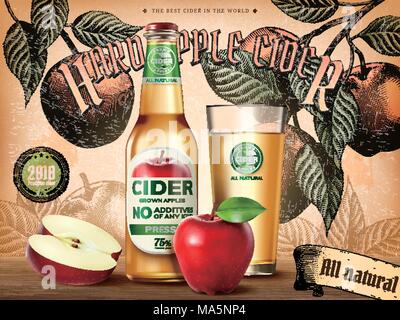 Hard apple cider ads, refreshing beverage with realistic apples and containers in 3d illustration, retro engraving style background Stock Vector