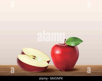 Delicious red apple, realistic fresh fruit on wooden table in 3d illustration Stock Vector