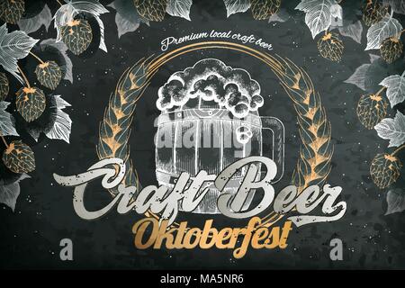 Craft beer ads, retro engraving style beer barrel and hops elements for oktoberfest festival, blackboard background Stock Vector